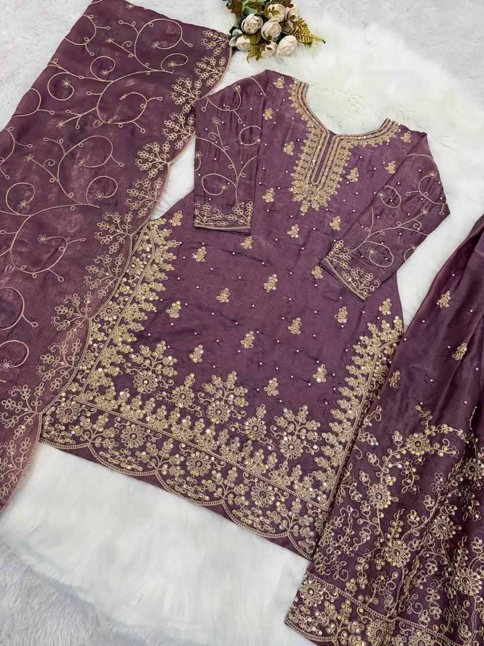 Embroidered Gmy Silk Kurta Palazzo Set with Dupatta