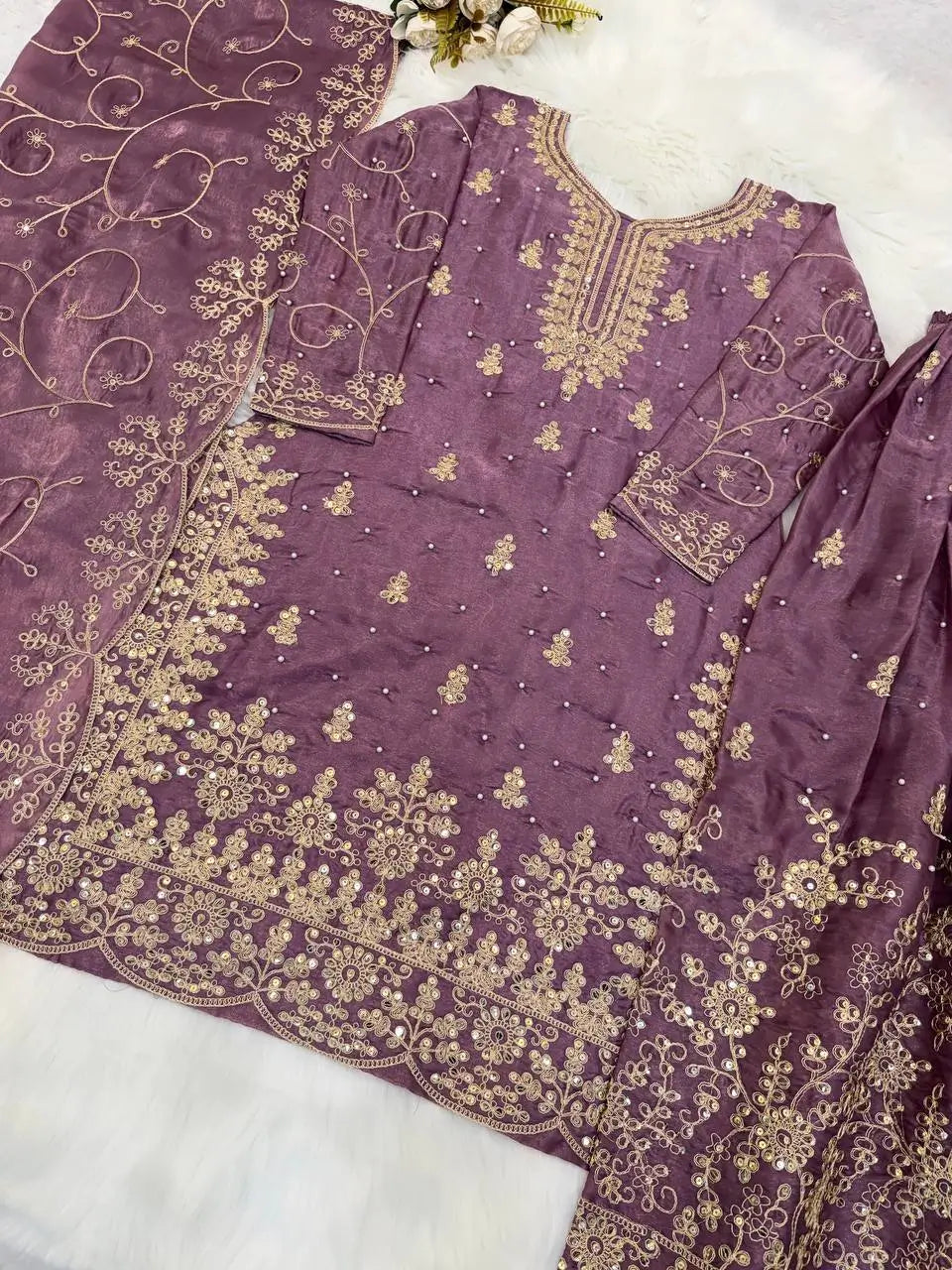 Embroidered Gmy Silk Kurta Palazzo Set with Dupatta