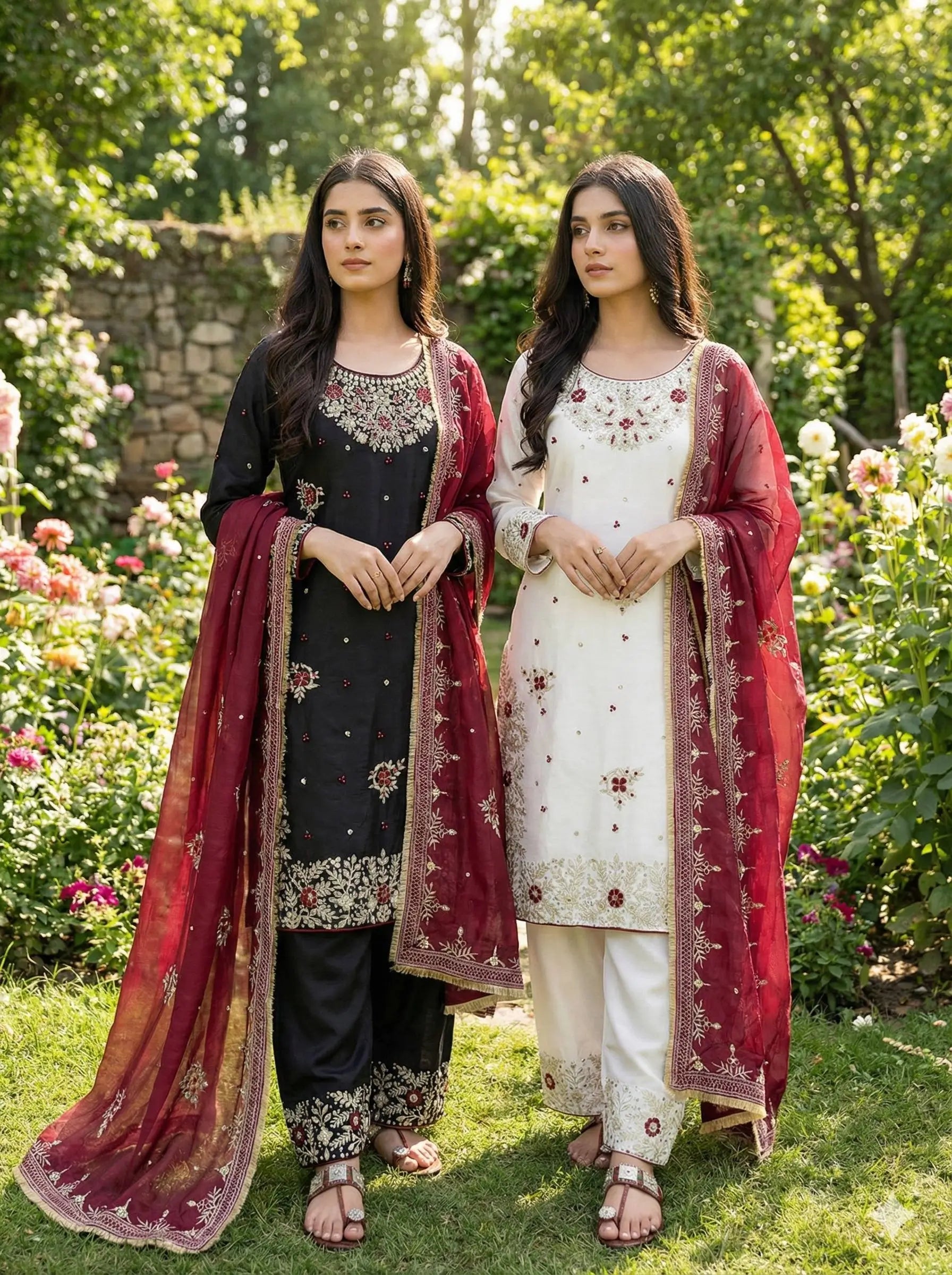 Embroidered Gmy Silk Kurta Palazzo Set with Dupatta