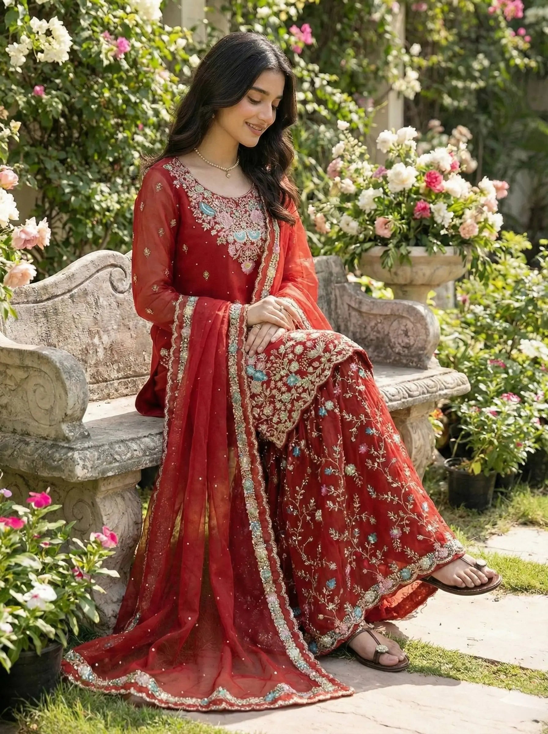 Embroidered Gmy Silk Kurta Palazzo Set with Dupatta