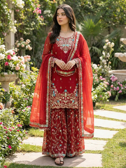 Embroidered Gmy Silk Kurta Palazzo Set with Dupatta