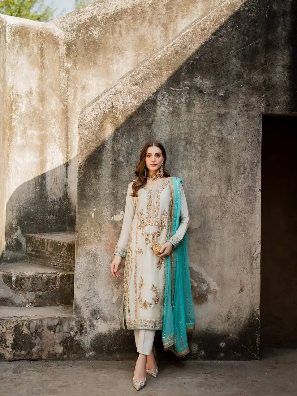 Embroidered Gmy Silk Kurta Palazzo Set with Dupatta
