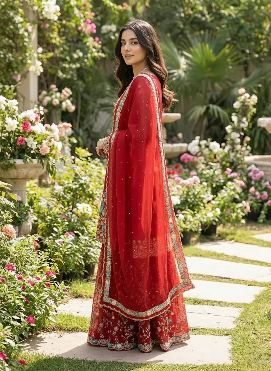 Embroidered Gmy Silk Kurta Palazzo Set with Dupatta