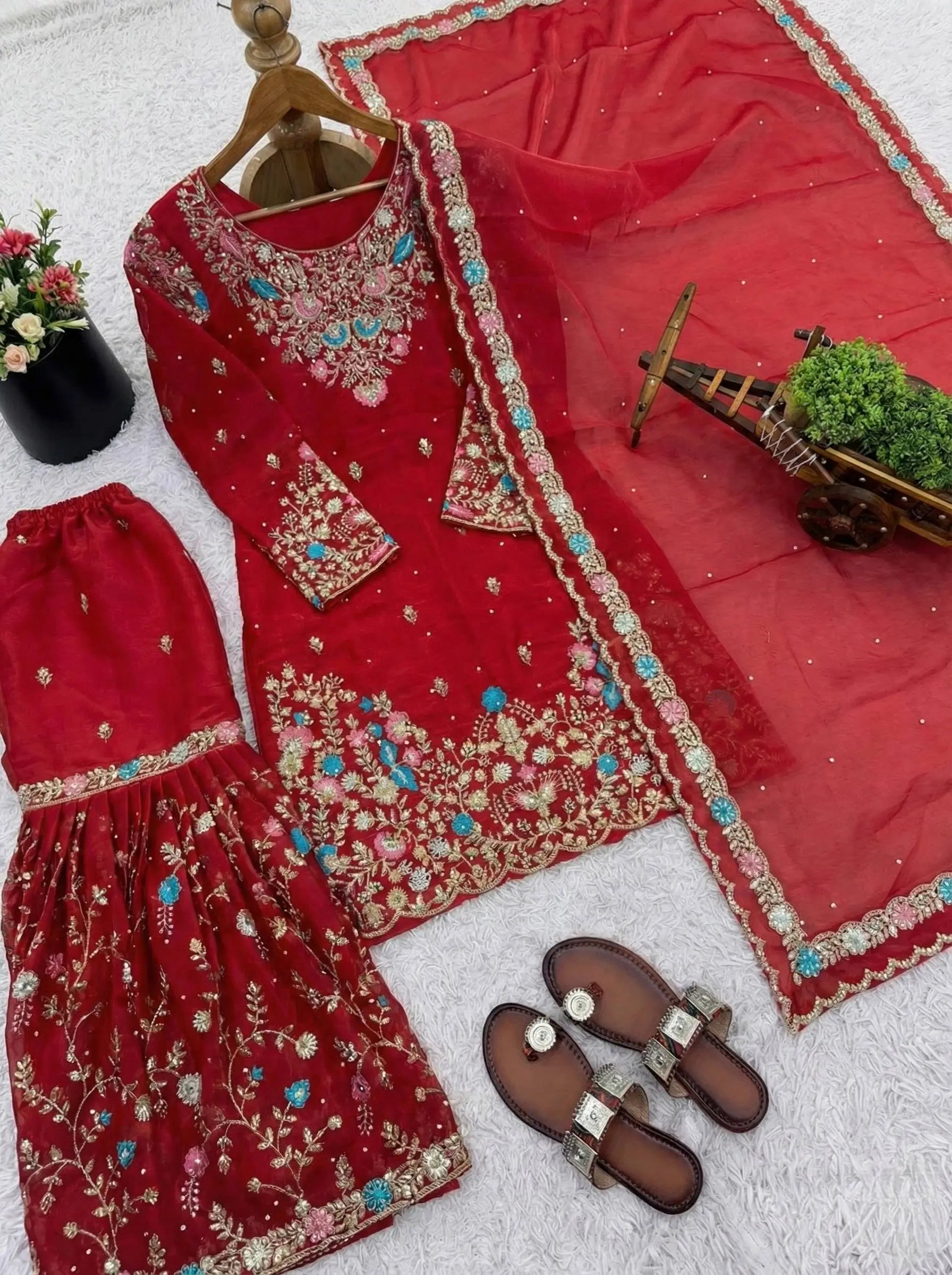 Embroidered Gmy Silk Kurta Palazzo Set with Dupatta