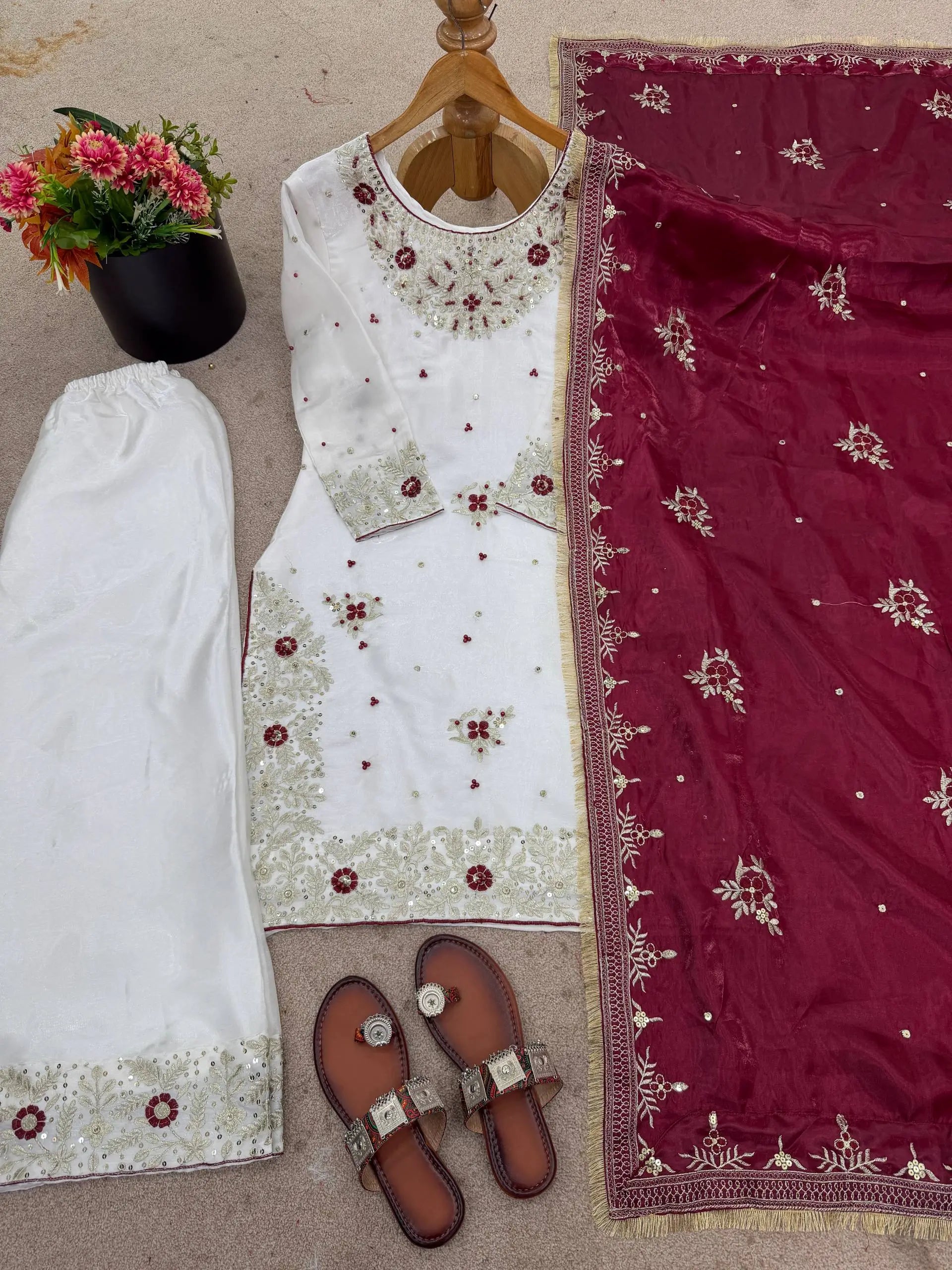 Embroidered Gmy Silk Kurta Palazzo Set with Dupatta
