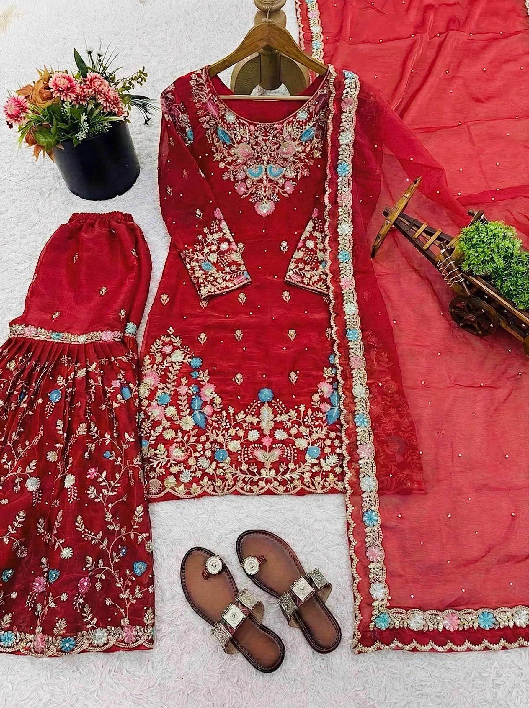 Embroidered Gmy Silk Kurta Palazzo Set with Dupatta