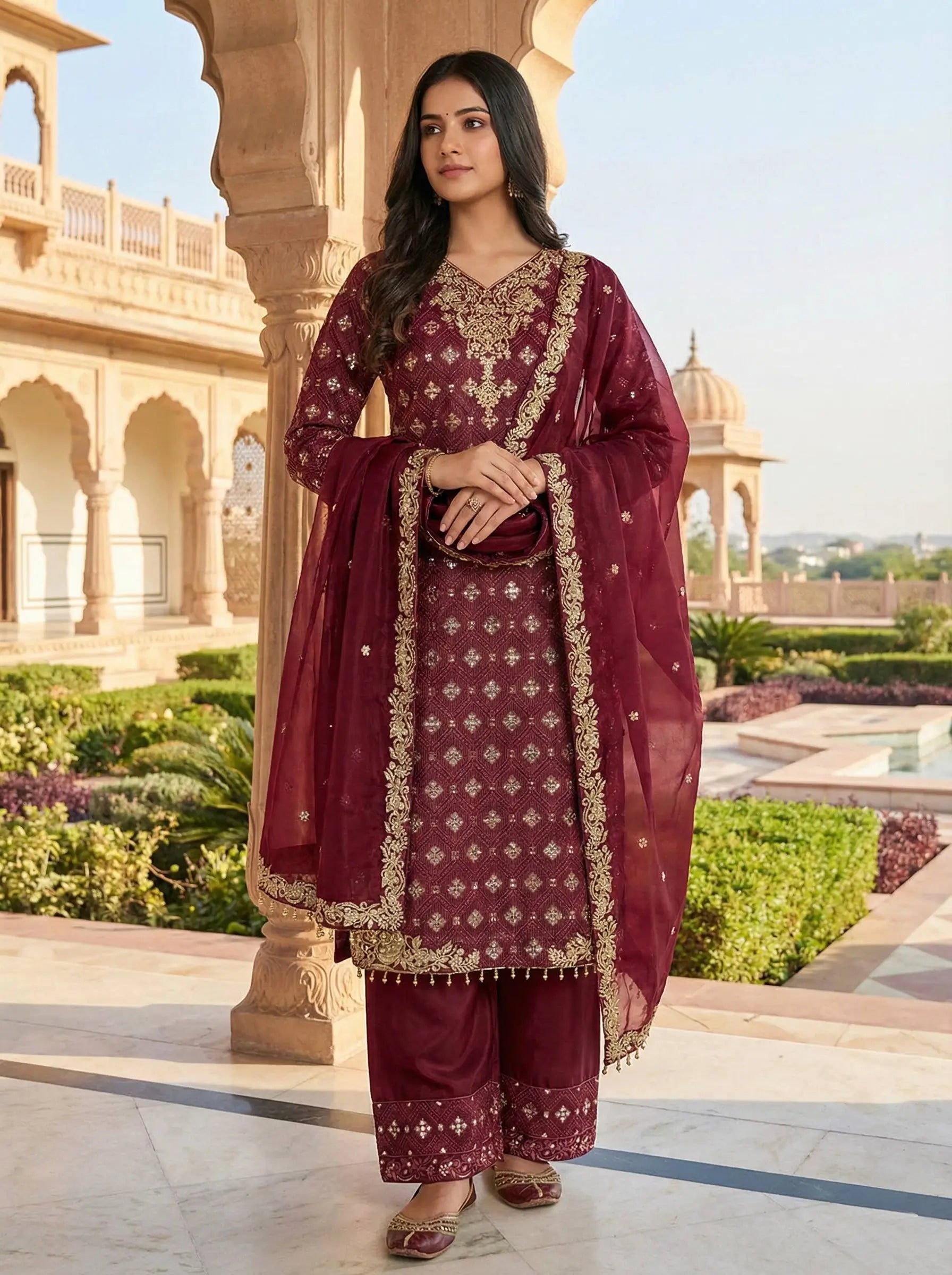 Embroidered Gmy Silk Kurta Palazzo Set with Dupatta