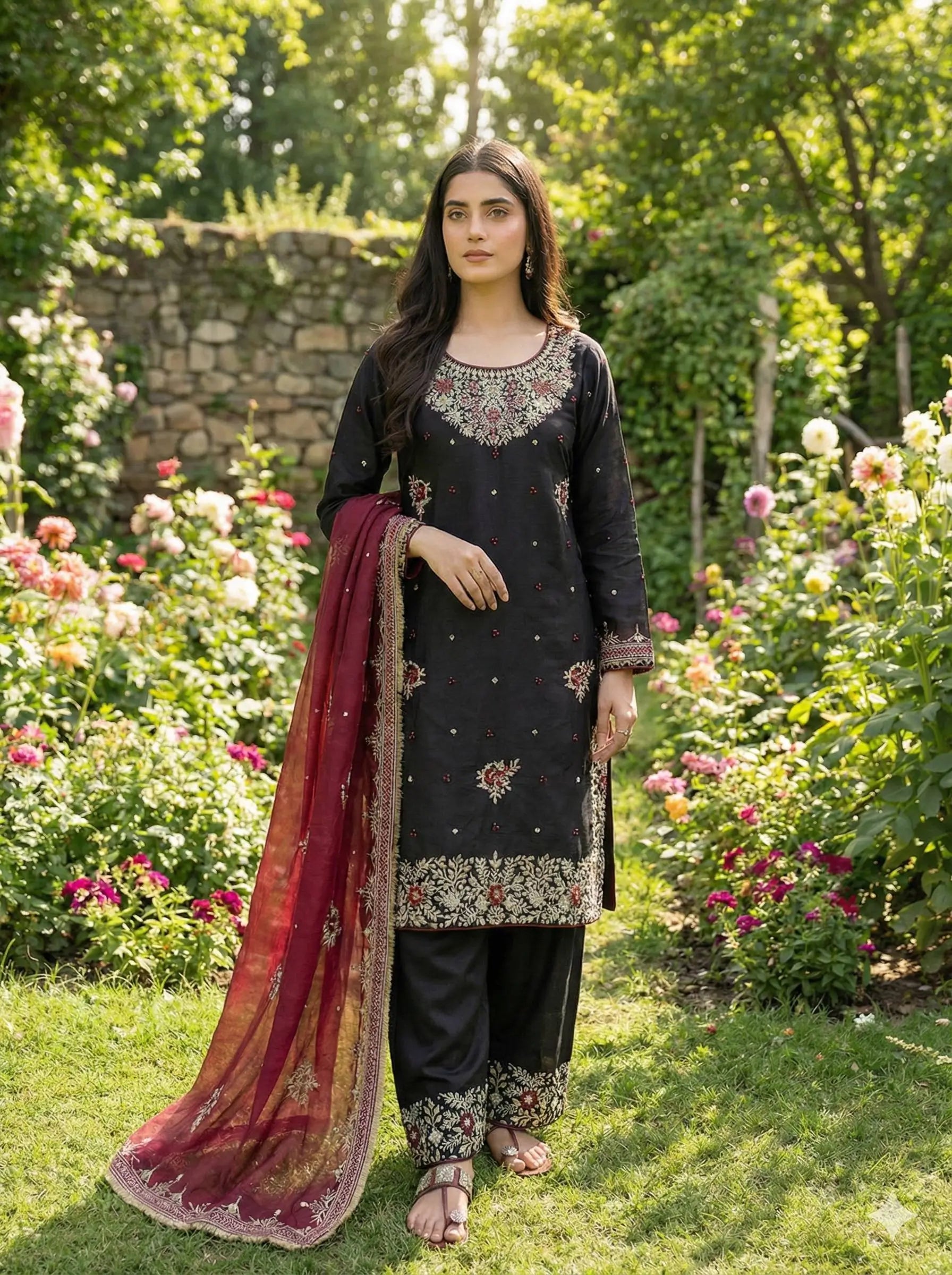 Embroidered Gmy Silk Kurta Palazzo Set with Dupatta