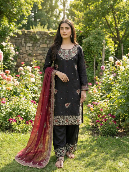 Embroidered Gmy Silk Kurta Palazzo Set with Dupatta