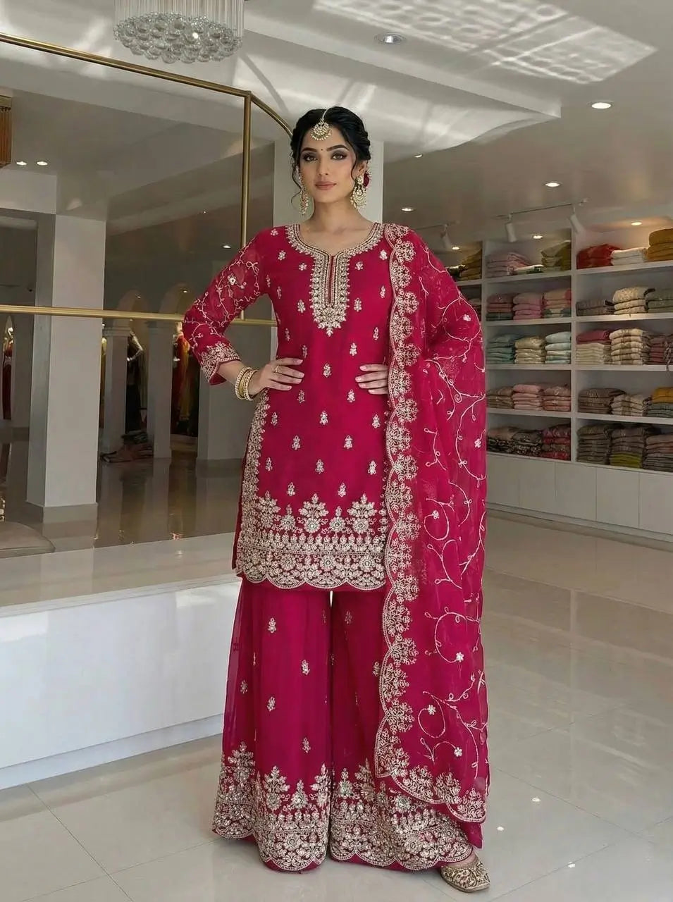 Embroidered Gmy Silk Kurta Palazzo Set with Dupatta