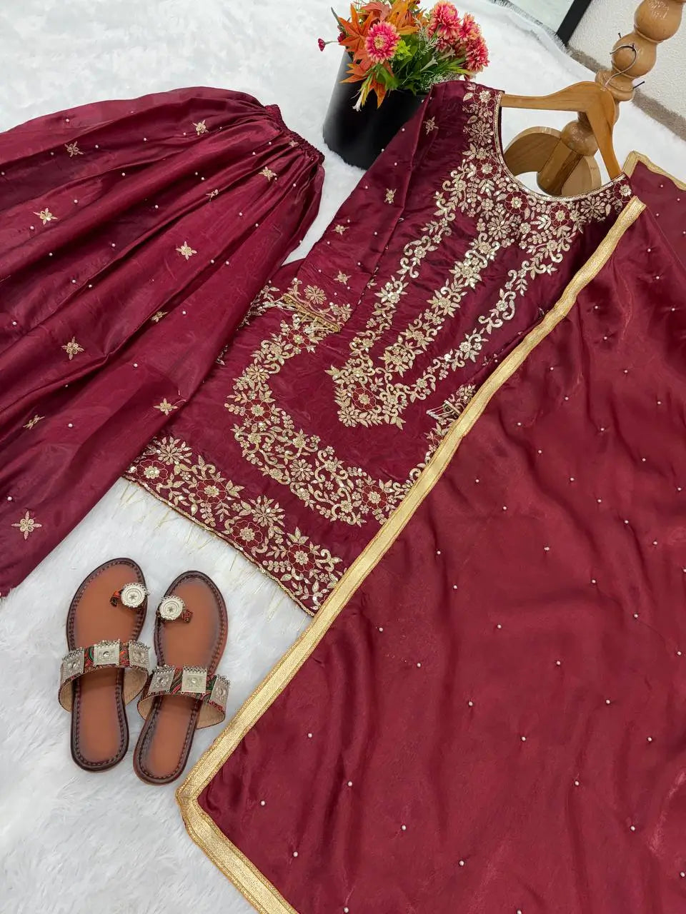 Embroidered Gmy Silk Sharara Suit Set with Dupatta