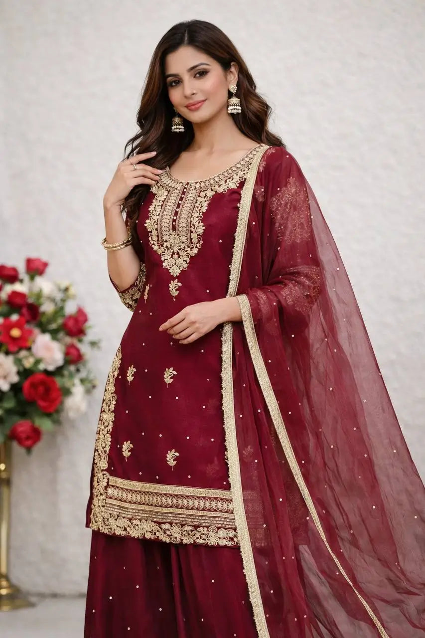 Embroidered Gmy Silk Sharara Suit Set with Dupatta