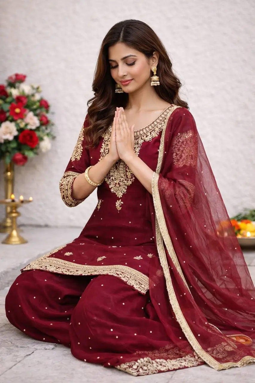 Embroidered Gmy Silk Sharara Suit Set with Dupatta