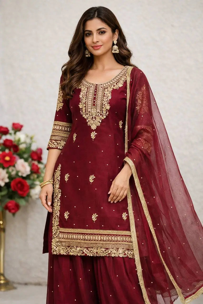 Embroidered Gmy Silk Sharara Suit Set with Dupatta