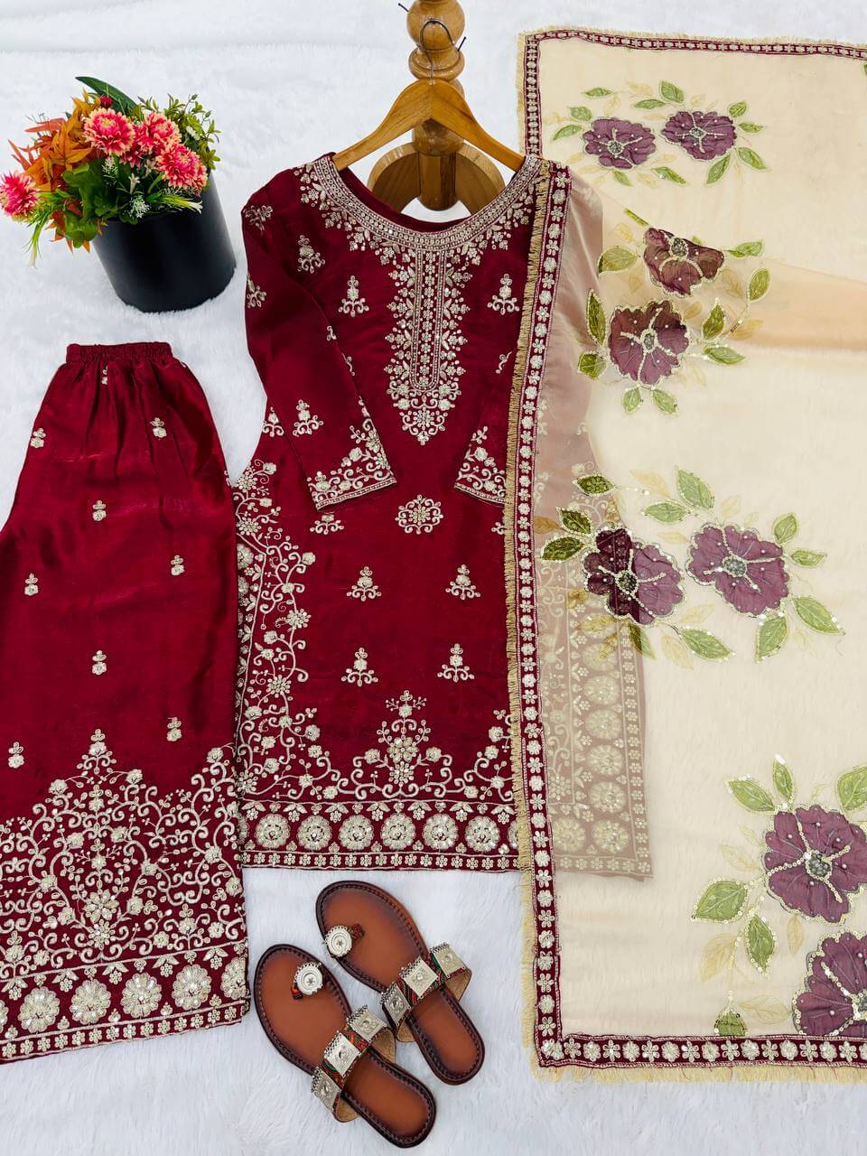 Embroidered Gmy Silk Sharara Suit Set with Dupatta