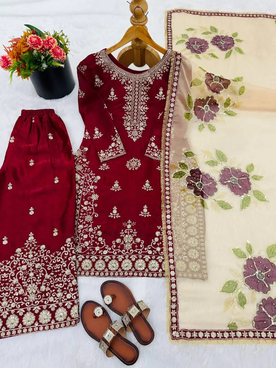 Embroidered Gmy Silk Sharara Suit Set with Dupatta