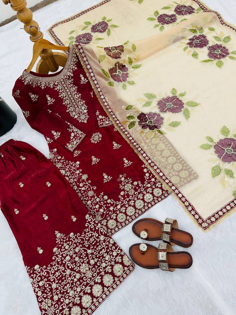 Embroidered Gmy Silk Sharara Suit Set with Dupatta