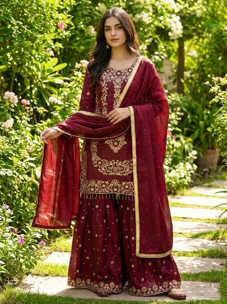 Embroidered Gmy Silk Sharara Suit Set with Dupatta