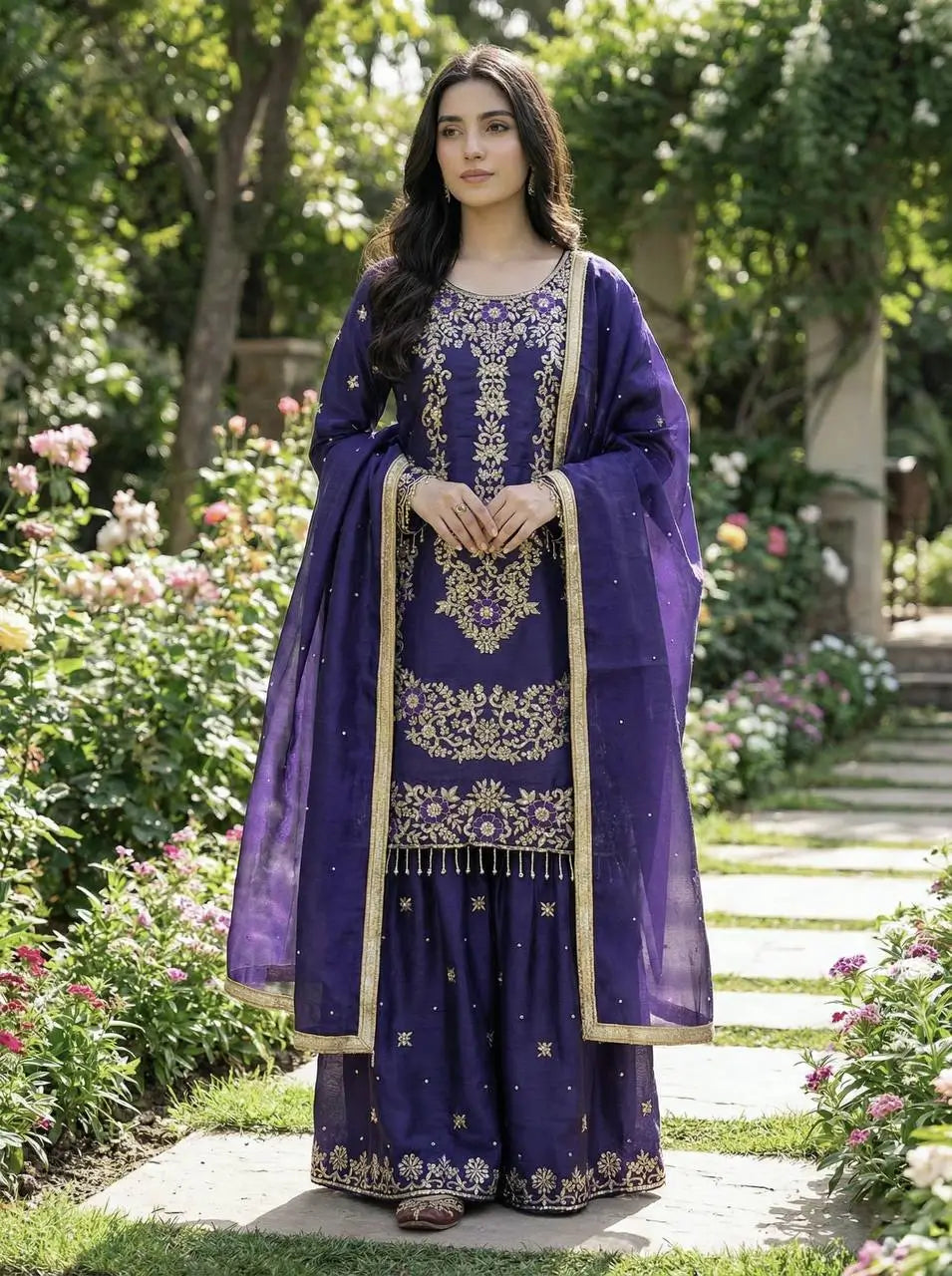Embroidered Gmy Silk Sharara Suit Set with Dupatta