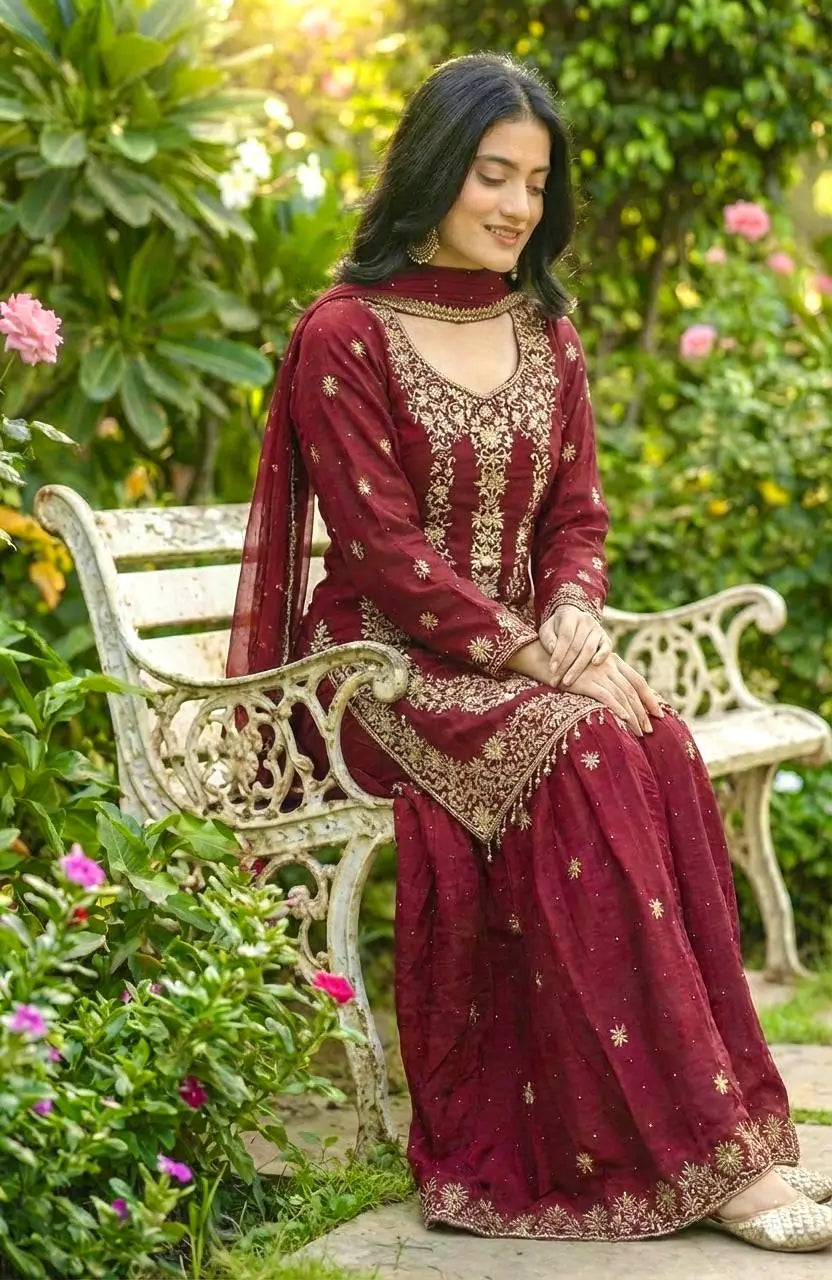 Embroidered Gmy Silk Sharara Suit Set with Dupatta