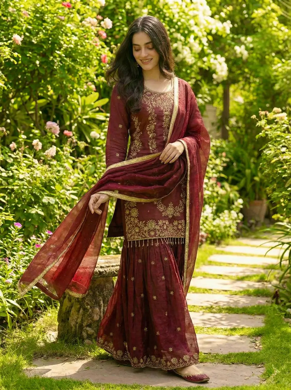 Embroidered Gmy Silk Sharara Suit Set with Dupatta