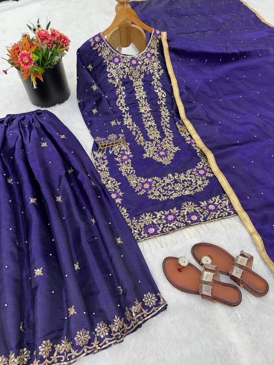 Embroidered Gmy Silk Sharara Suit Set with Dupatta
