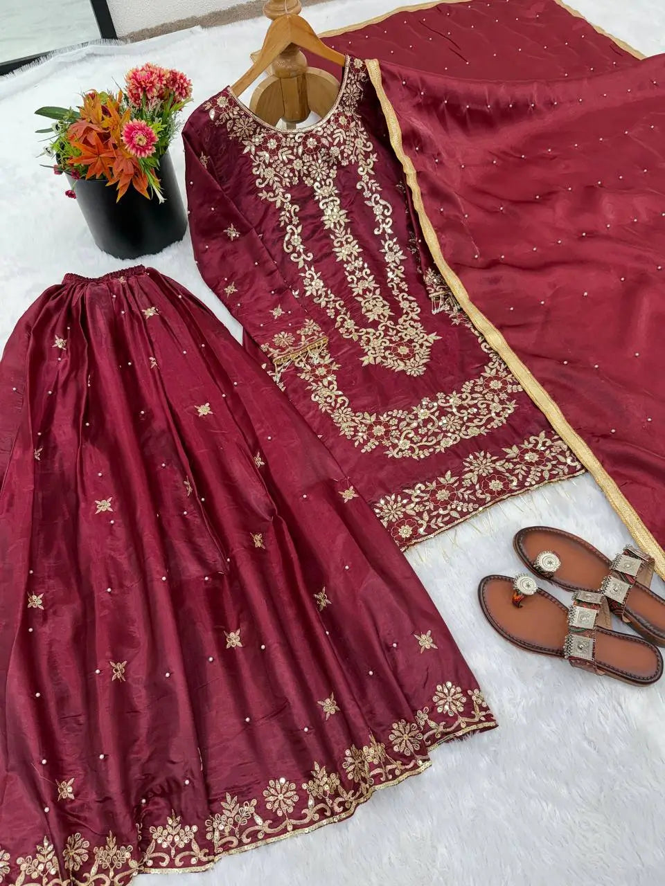 Embroidered Gmy Silk Sharara Suit Set with Dupatta