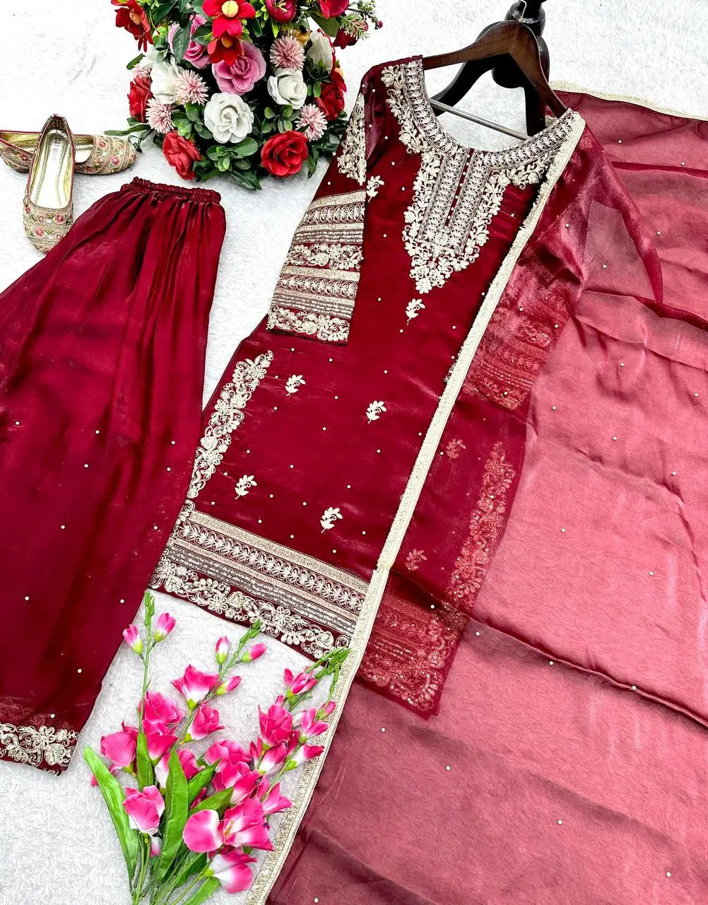Embroidered Gmy Silk Sharara Suit Set with Dupatta