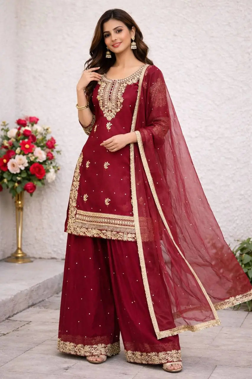 Embroidered Gmy Silk Sharara Suit Set with Dupatta