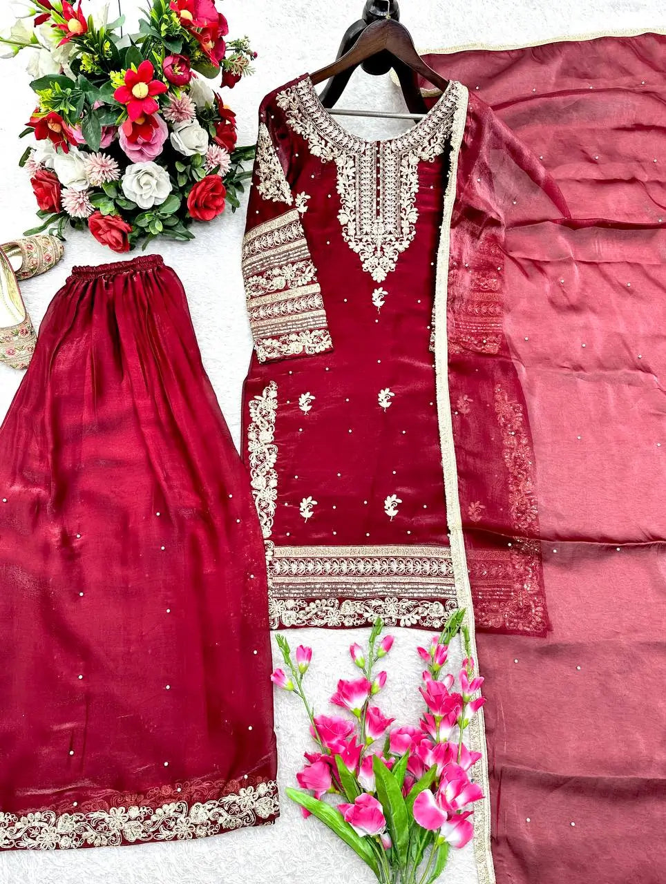 Embroidered Gmy Silk Sharara Suit Set with Dupatta