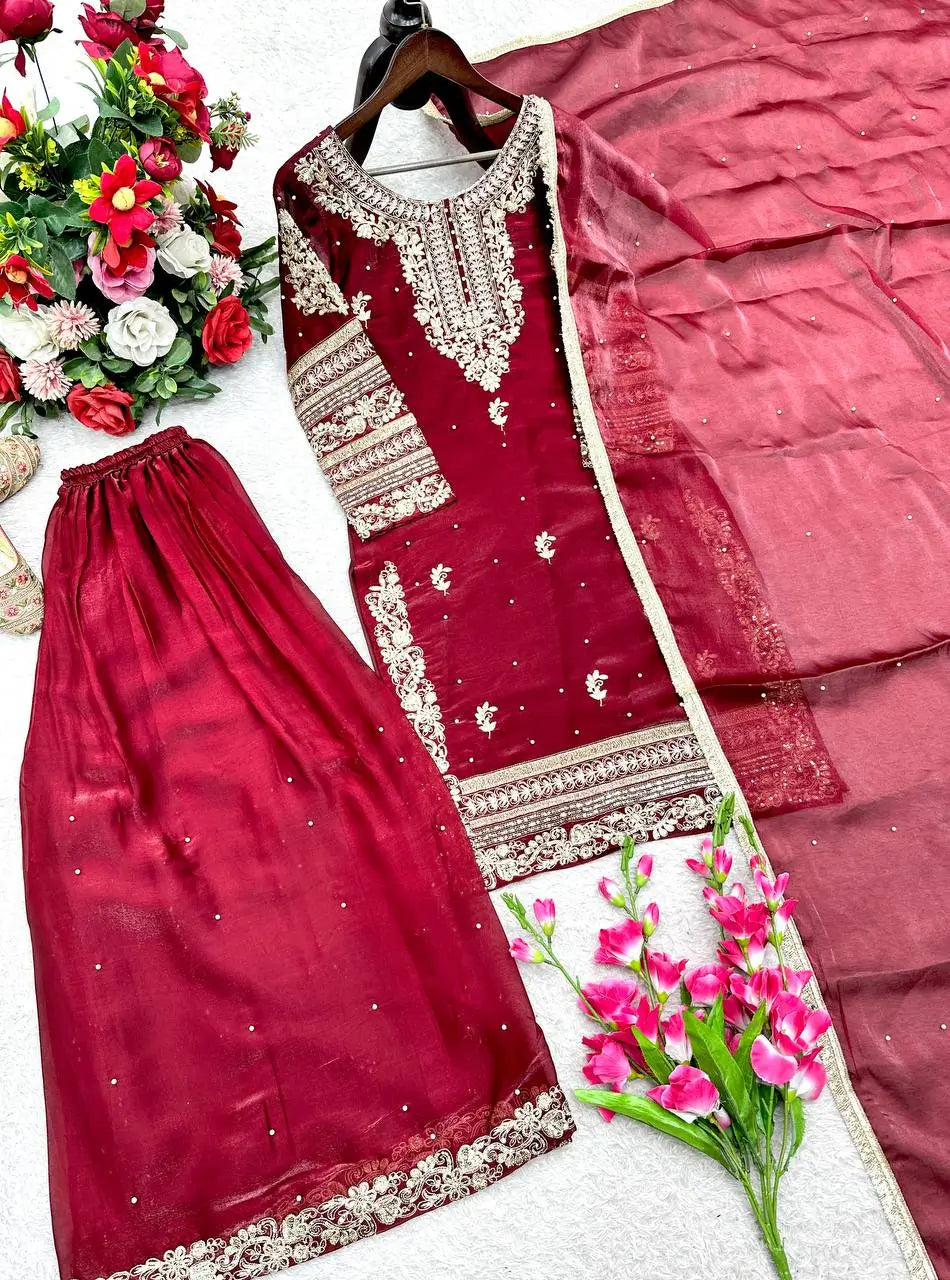 Embroidered Gmy Silk Sharara Suit Set with Dupatta