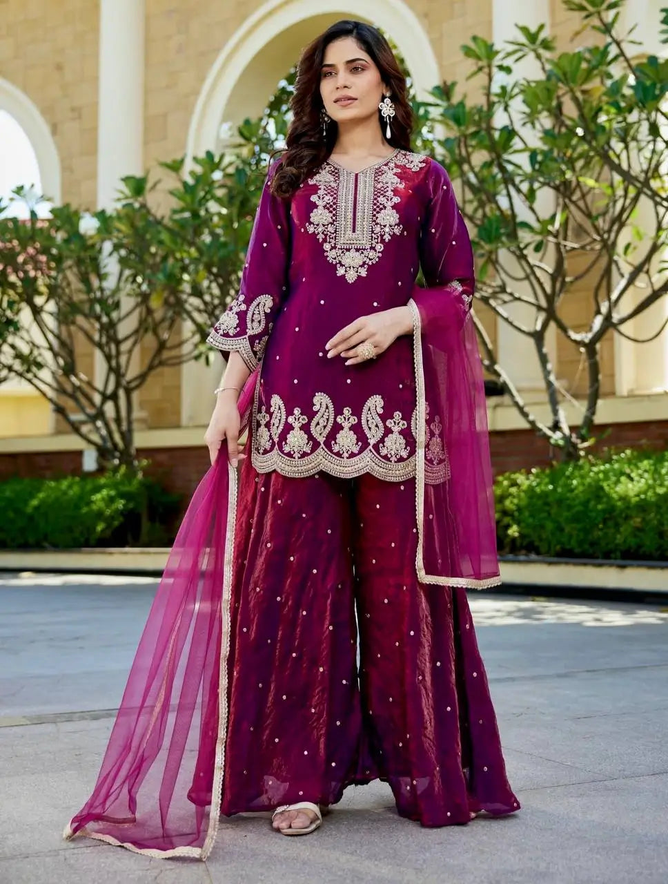 Embroidered Gmy Silk Sharara Suit Set with Dupatta