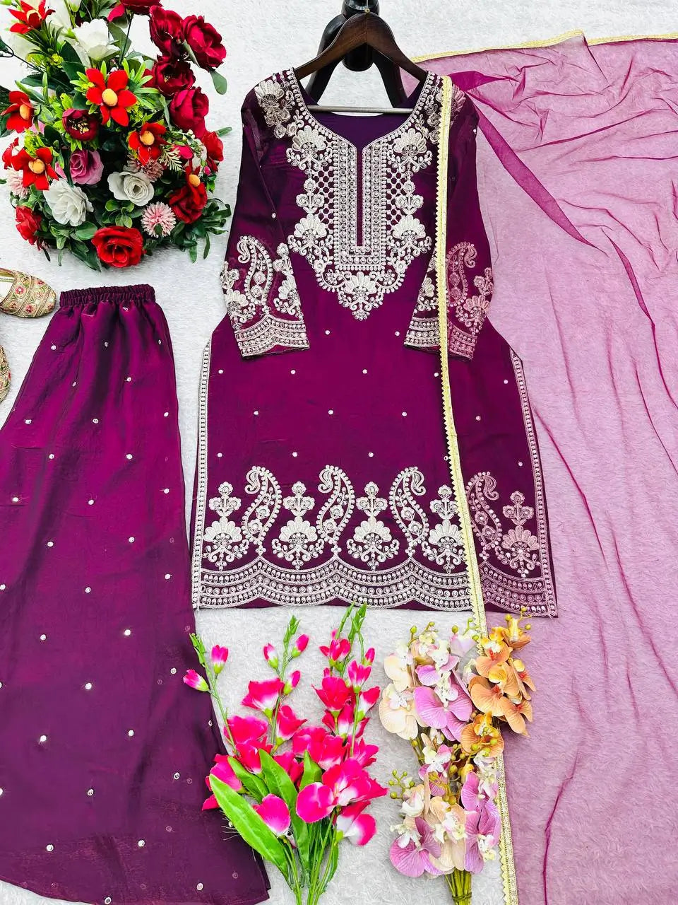 Embroidered Gmy Silk Sharara Suit Set with Dupatta