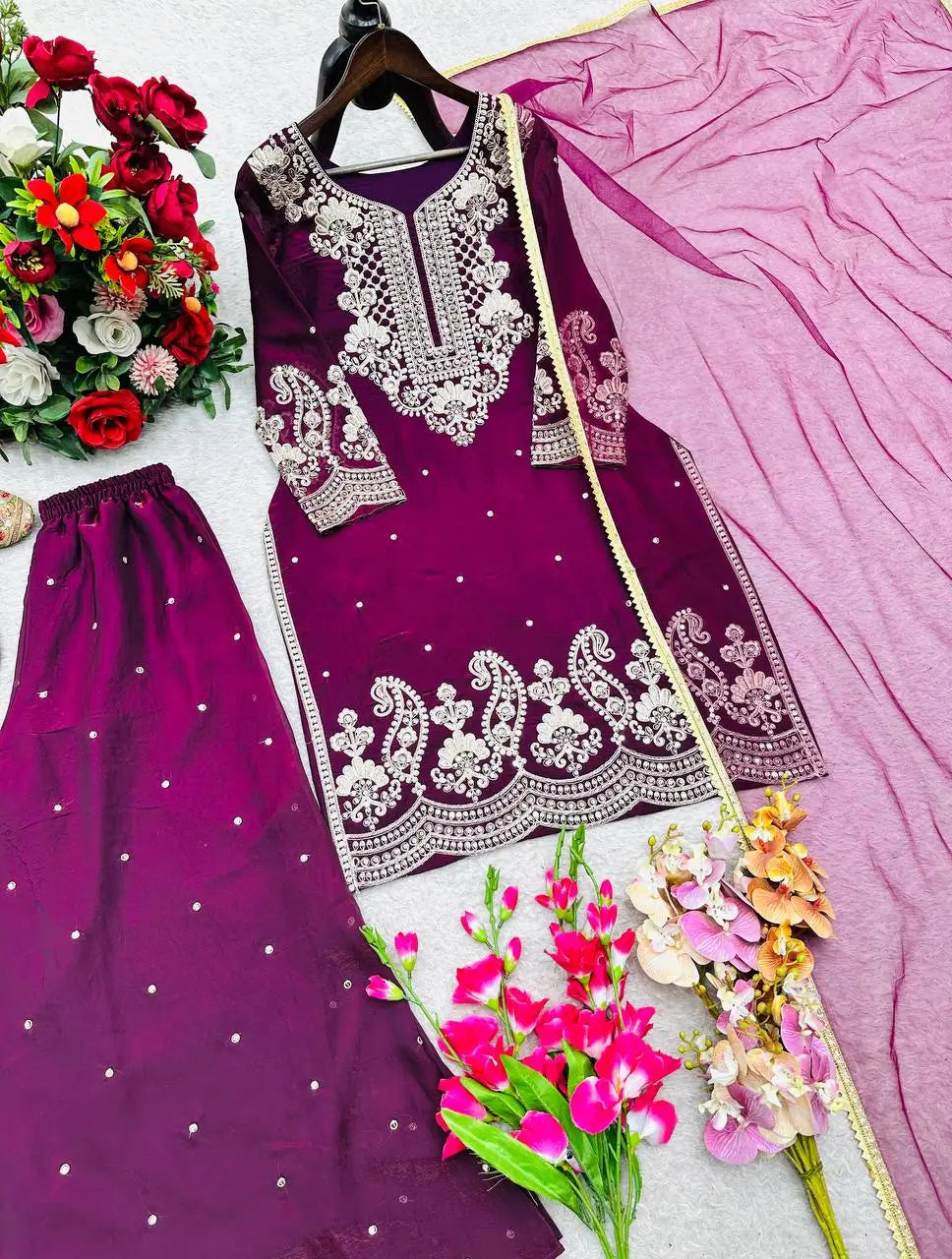 Embroidered Gmy Silk Sharara Suit Set with Dupatta