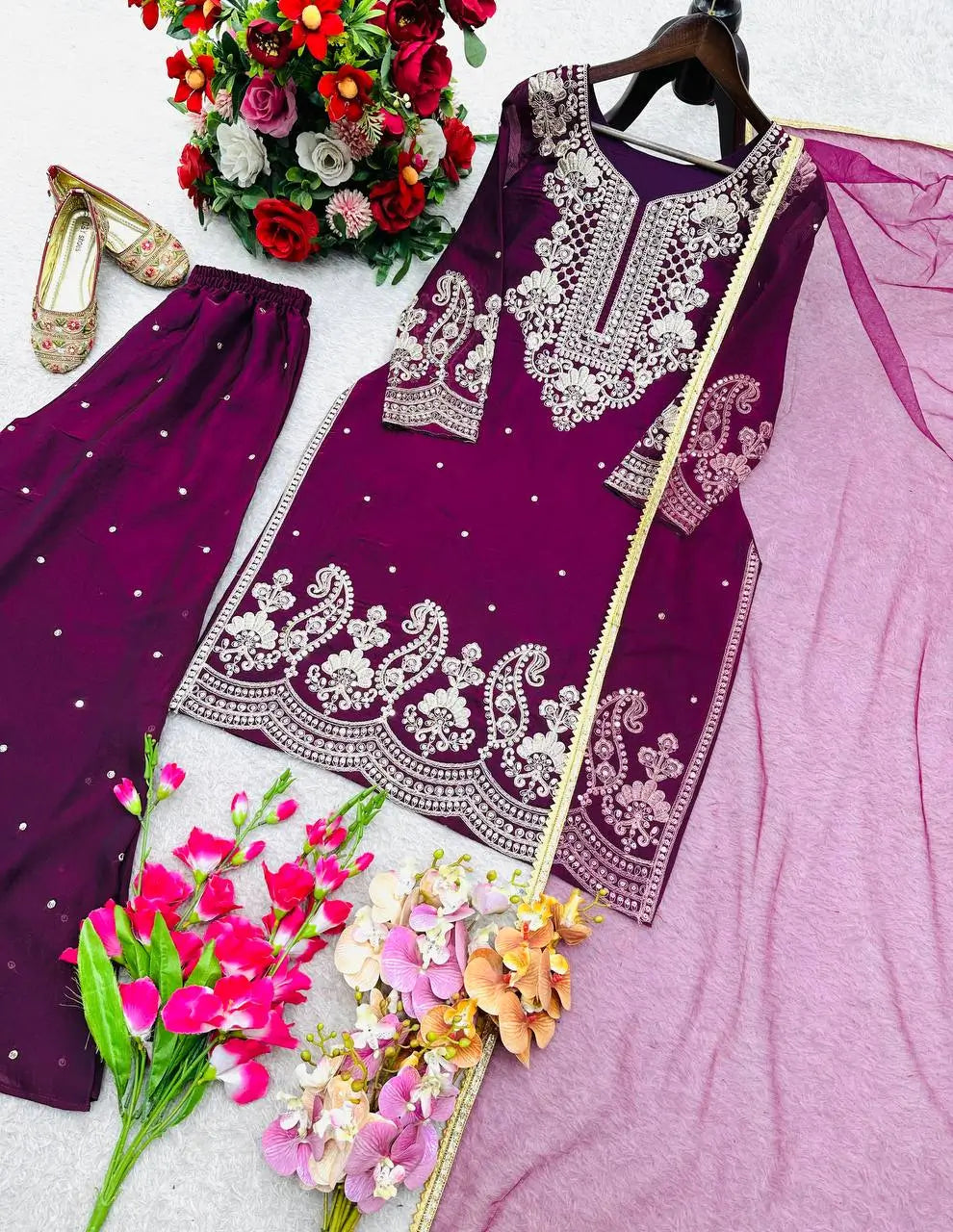 Embroidered Gmy Silk Sharara Suit Set with Dupatta