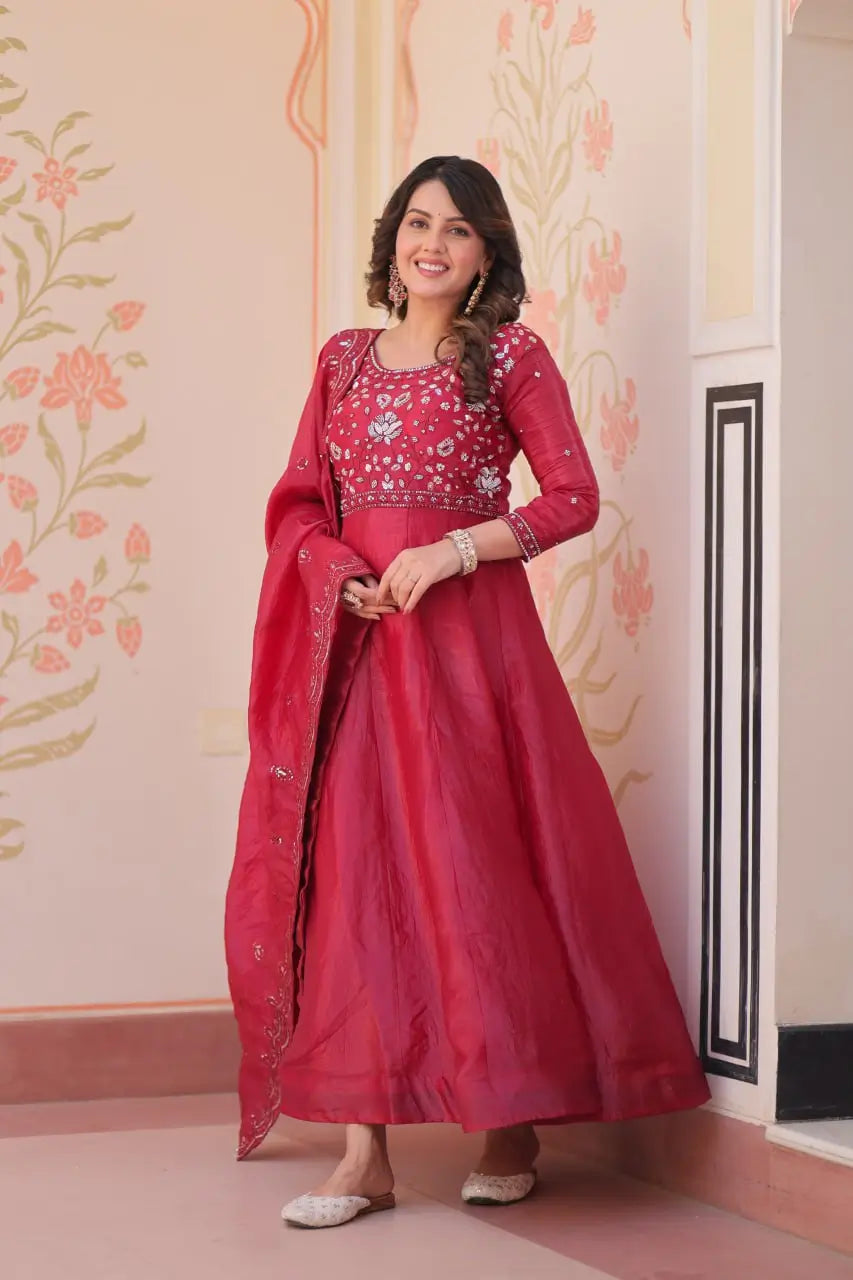 Embroidered Gold Crush Anarkali Gown Set for Wedding and Festive Wear