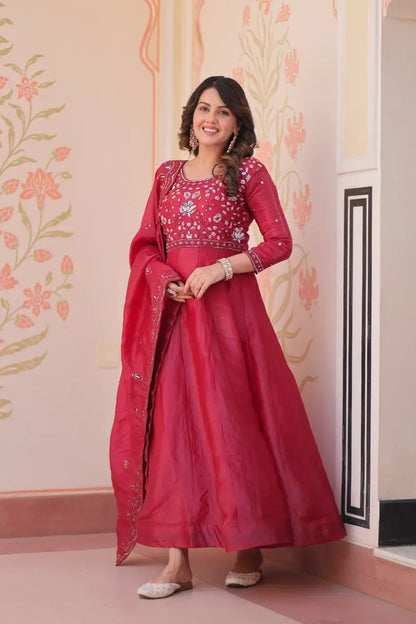 Embroidered Gold Crush Anarkali Gown Set for Wedding and Festive Wear