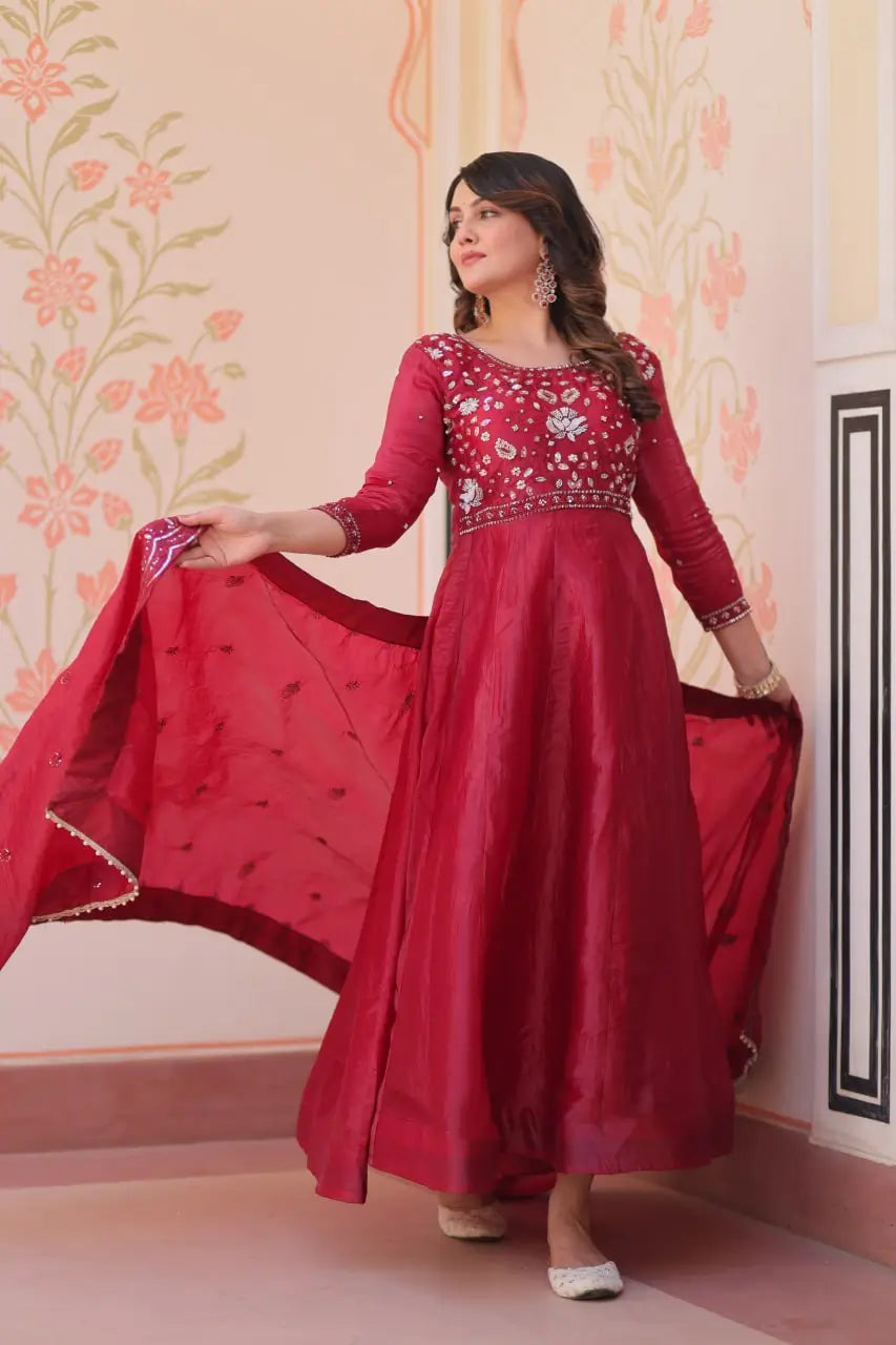 Embroidered Gold Crush Anarkali Gown Set for Wedding and Festive Wear
