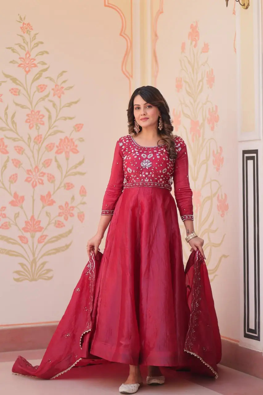 Embroidered Gold Crush Anarkali Gown Set for Wedding and Festive Wear