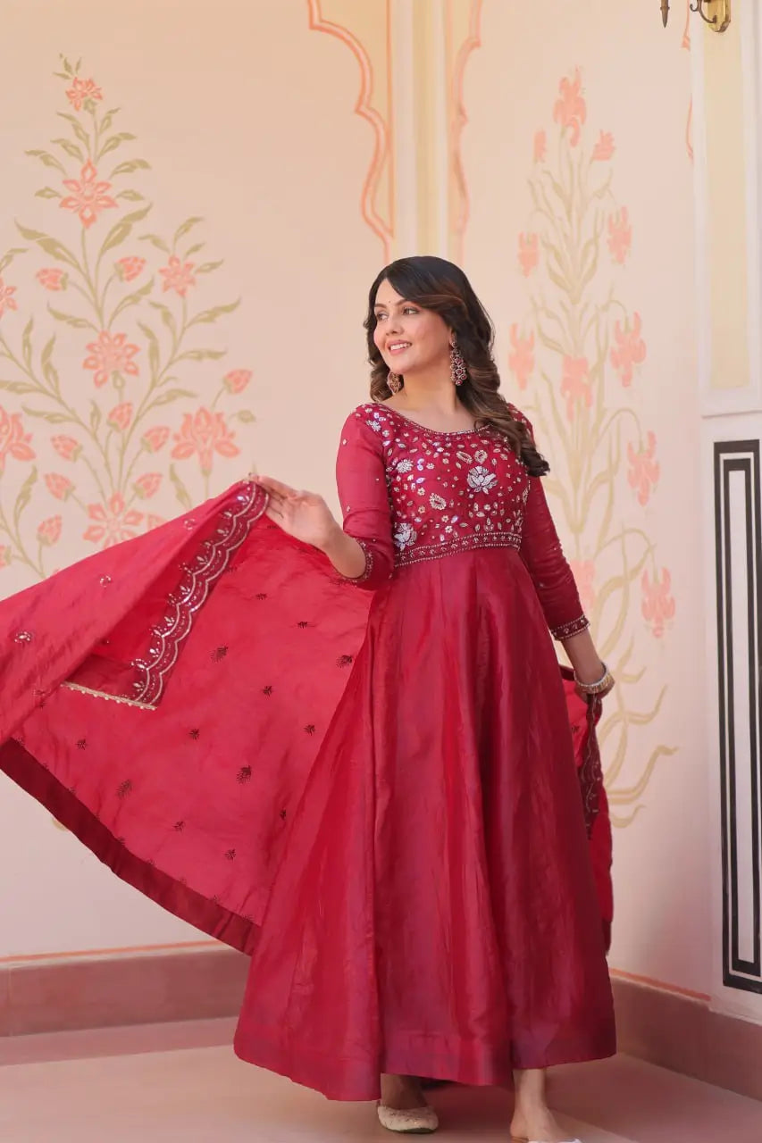 Embroidered Gold Crush Anarkali Gown Set for Wedding and Festive Wear