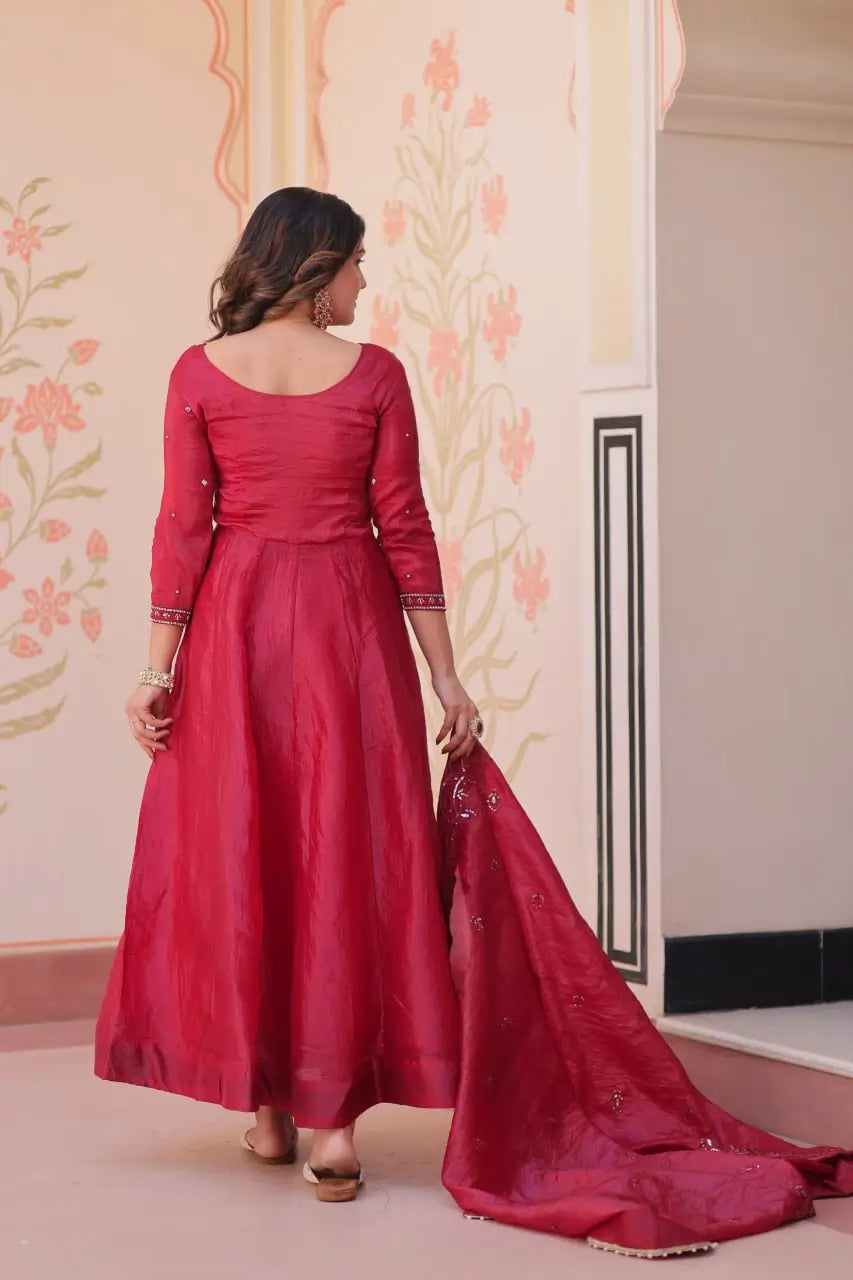 Embroidered Gold Crush Anarkali Gown Set for Wedding and Festive Wear