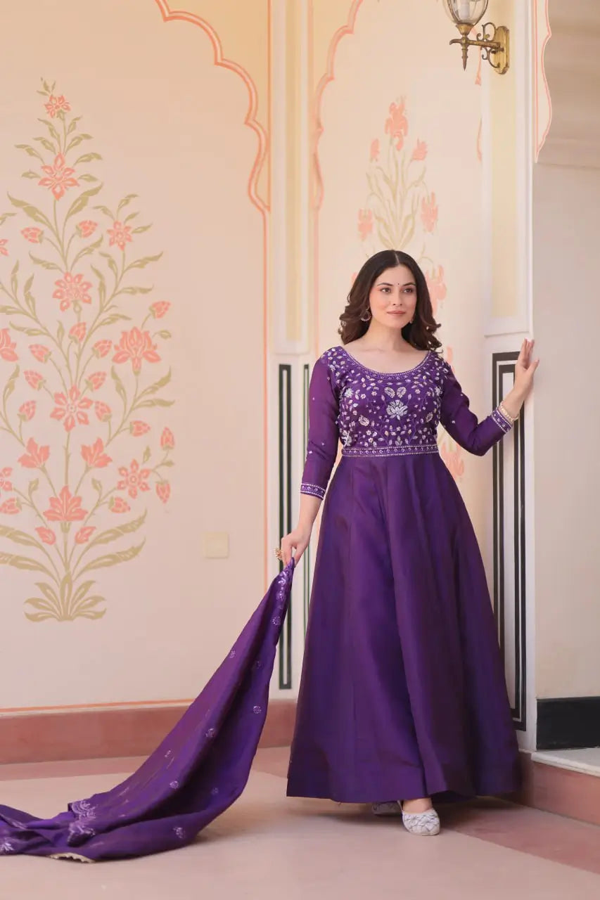 Embroidered Gold Crush Anarkali Gown Set for Wedding and Festive Wear