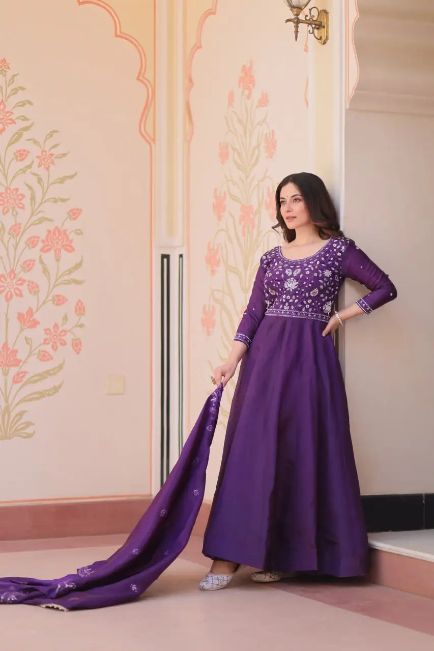 Embroidered Gold Crush Anarkali Gown Set for Wedding and Festive Wear