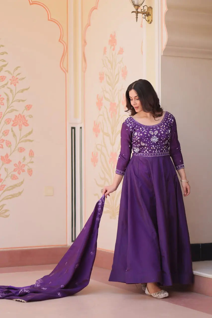 Embroidered Gold Crush Anarkali Gown Set for Wedding and Festive Wear