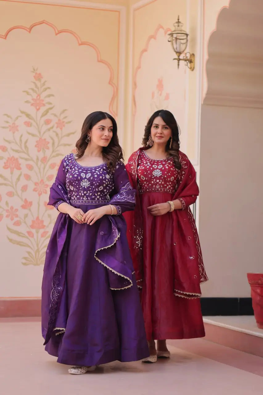 Embroidered Gold Crush Anarkali Gown Set for Wedding and Festive Wear
