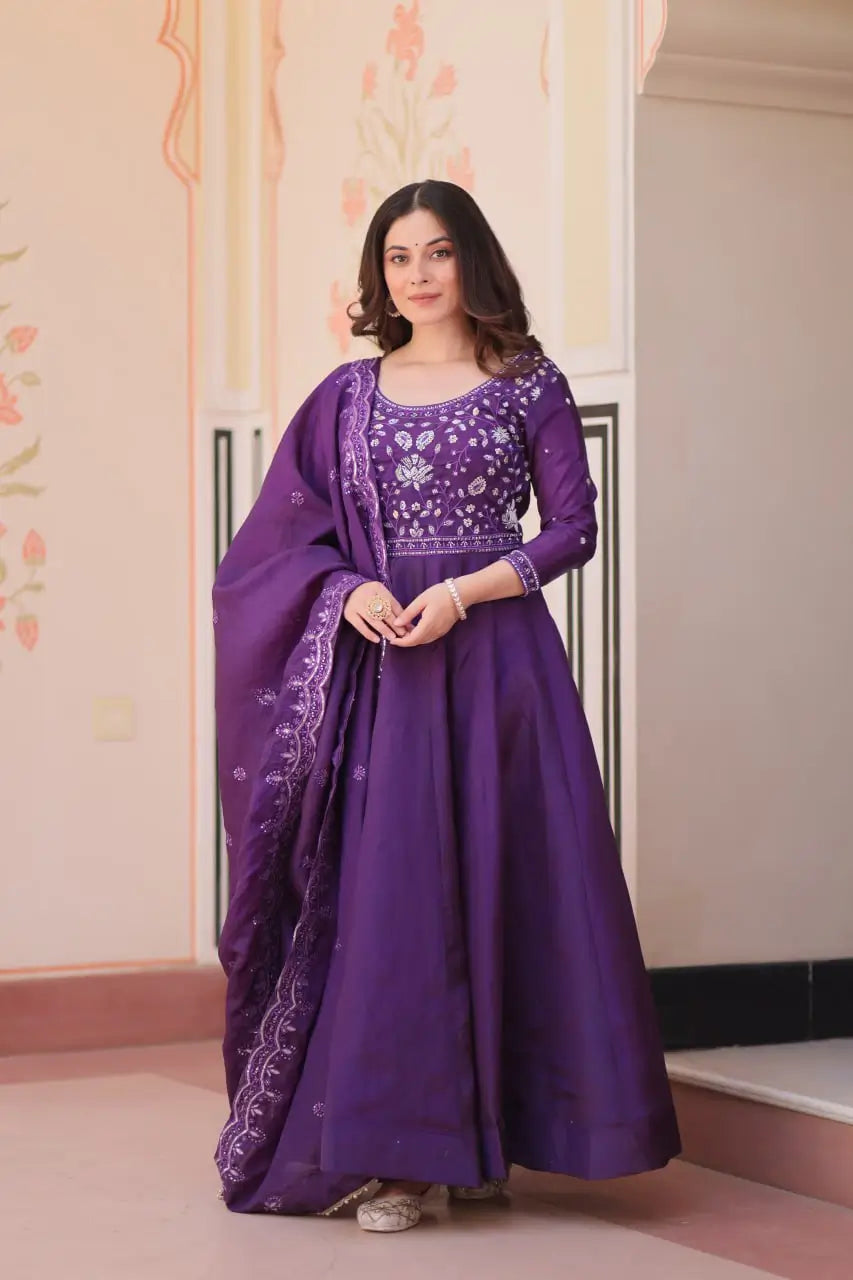 Embroidered Gold Crush Anarkali Gown Set for Wedding and Festive Wear