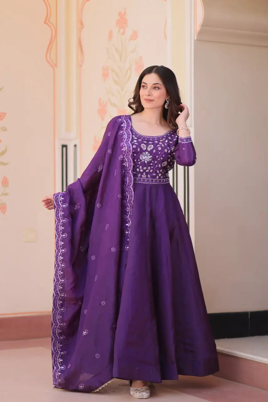 Embroidered Gold Crush Anarkali Gown Set for Wedding and Festive Wear