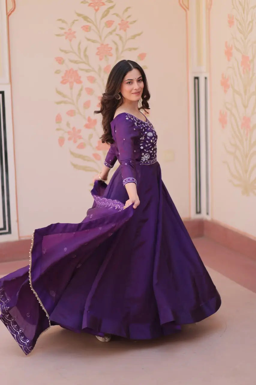 Embroidered Gold Crush Anarkali Gown Set for Wedding and Festive Wear