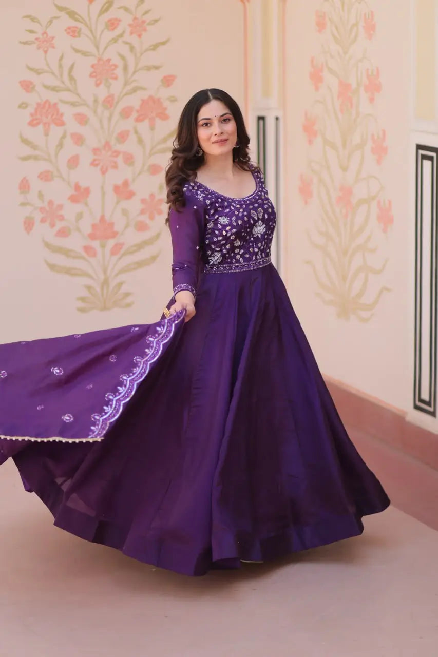 Embroidered Gold Crush Anarkali Gown Set for Wedding and Festive Wear