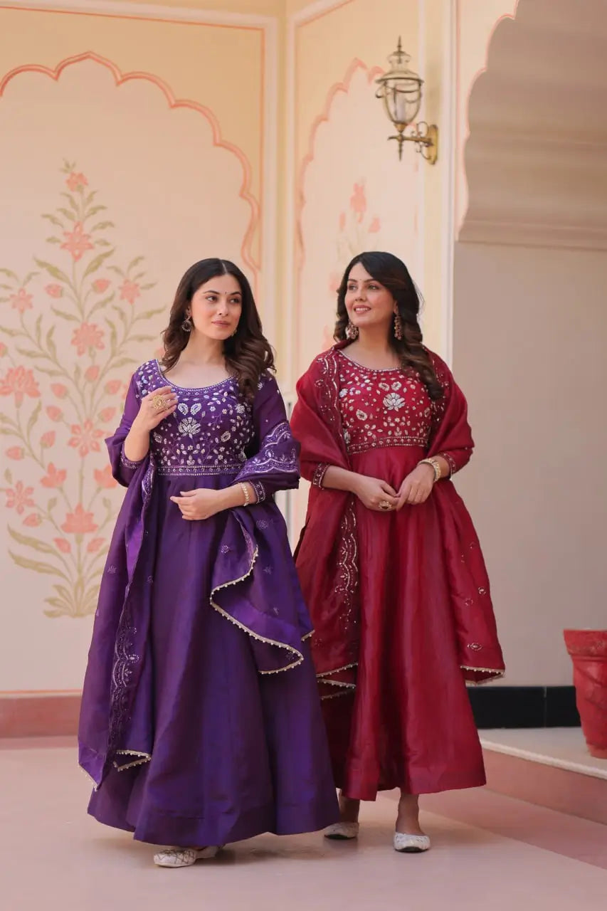 Embroidered Gold Crush Anarkali Gown Set for Wedding and Festive Wear